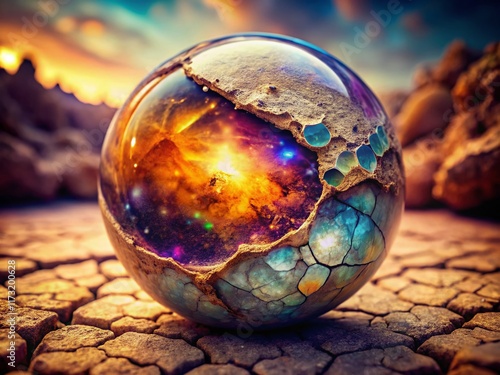 Double Exposure: Cracked Clay Orb & Geode Crystal - Abstract Nature Photography photo