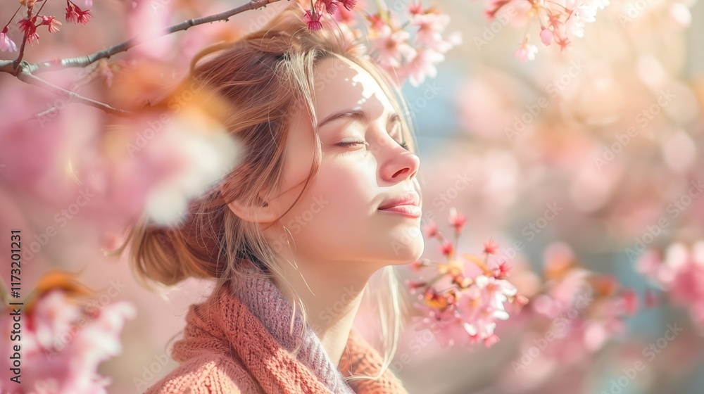 A woman enjoys the refreshing atmosphere of spring surrounded by blooming cherry blossoms, embracing the tranquility and beauty of nature in full bloom. A woman enjoys the refreshing atmosphere of spring surrounded by blooming cherry blossoms, embracing the tranquility and beauty of nature in full bloom.
