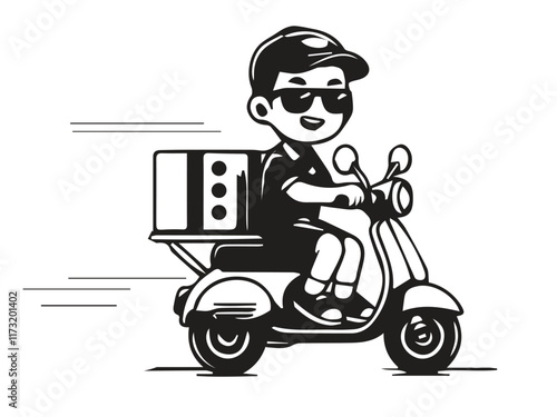 Delivery Man Ride Scooter Motorcycle Cartoon Vector black and white color