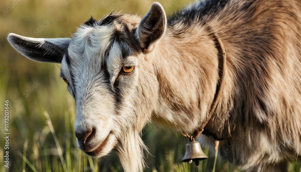 Curious Tan and White Goat with Bell in Natural Green Setting Curious Tan and White Goat with Bell in Natural Green Setting