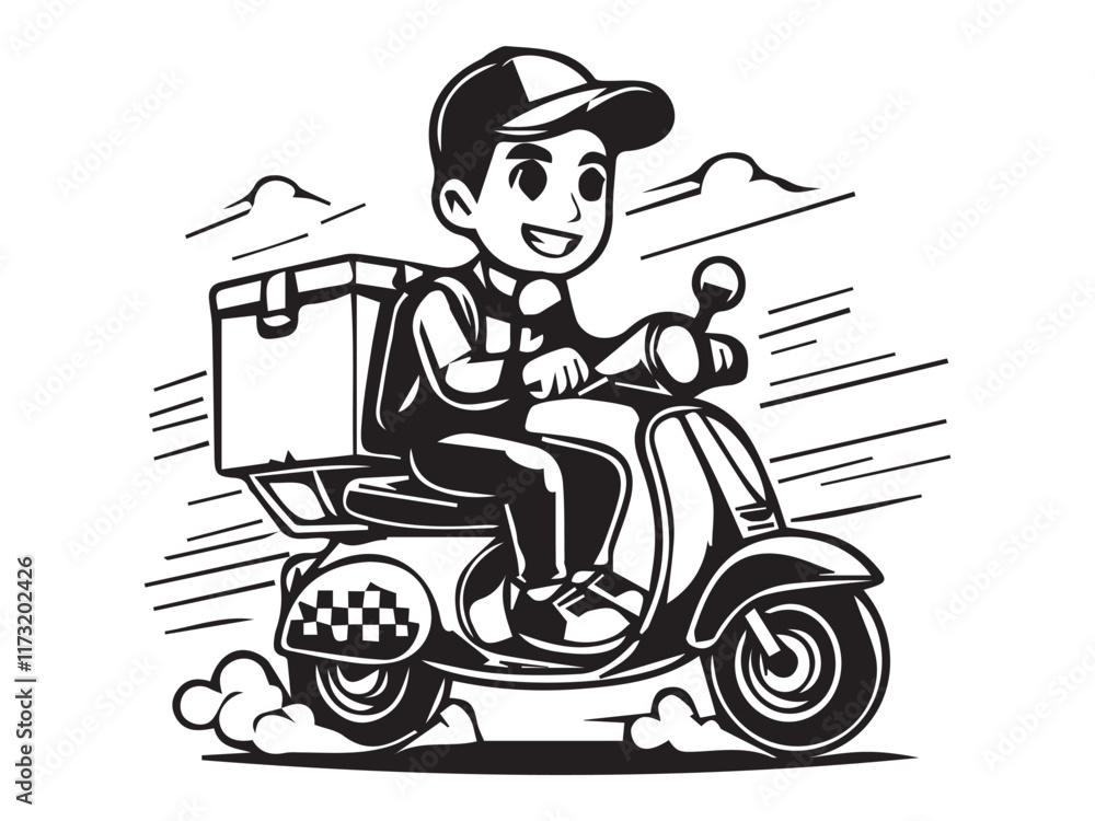Delivery Man Ride Scooter Motorcycle Cartoon Vector black and white color Delivery Man Ride Scooter Motorcycle Cartoon Vector black and white color