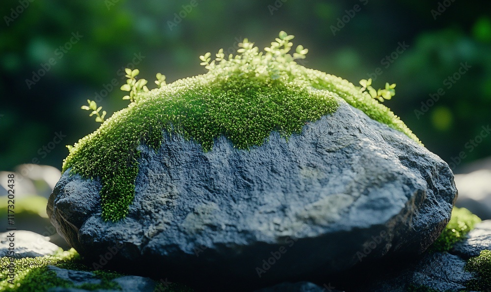 Sunlit moss-covered rock in forest. Sunlit moss-covered rock in forest.