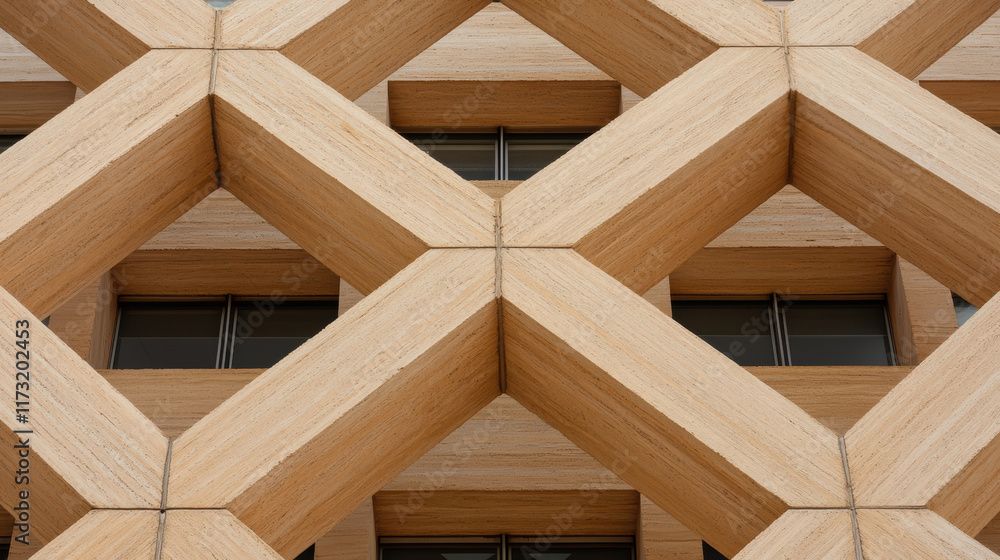 Geometric wooden lattice facade with intersecting lines and windows, showcasing modern architectural design and natural tones of latte and taupe Geometric wooden lattice facade with intersecting lines and windows, showcasing modern architectural design and natural tones of latte and taupe