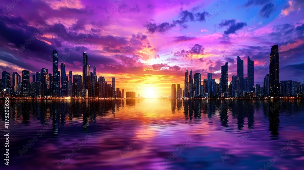 Fototapeta premium Breathtaking Sunset Over City Skyline with Colorful Reflections