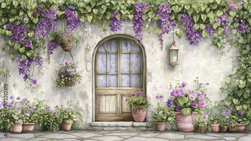 Vibrant floral doorway with purple flowers against stone wall