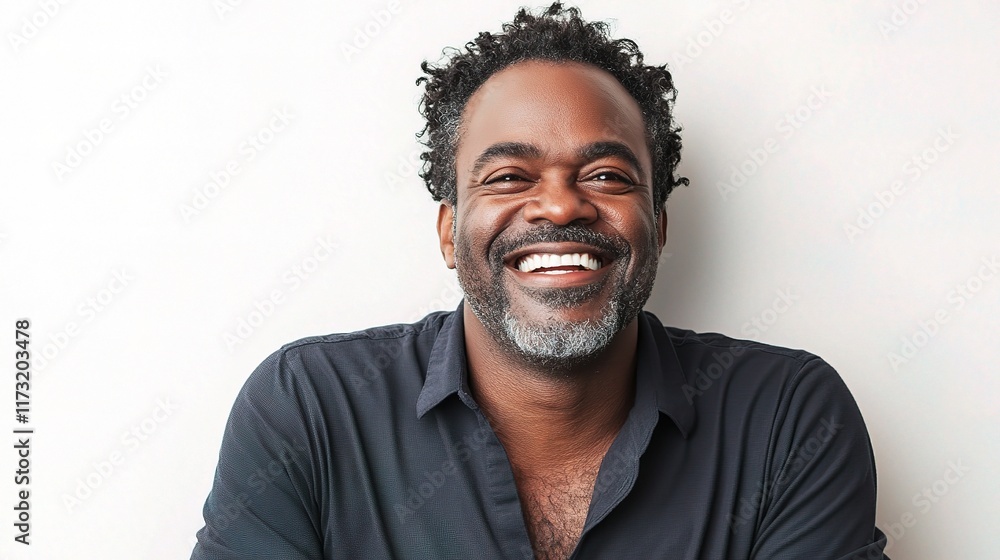 Obraz premium Joyful African American Man Smiling Against White Background