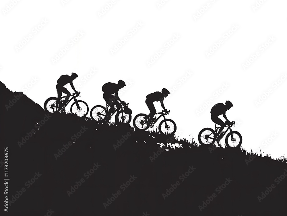 Obraz premium Silhouette of a group of cyclists on a mountain path on a white background
