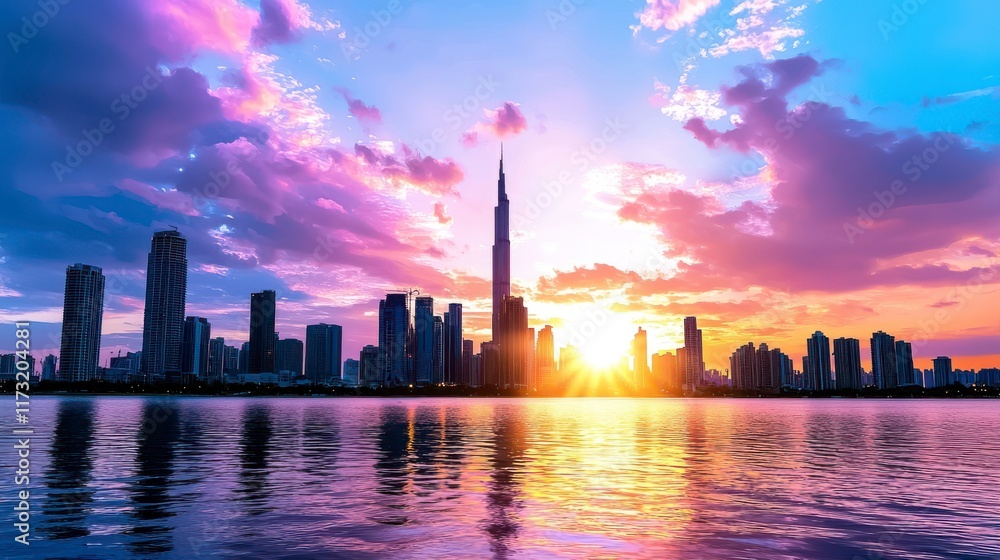 Obraz premium Dramatic Sunset Over Urban Skyline with Reflective Water Surface