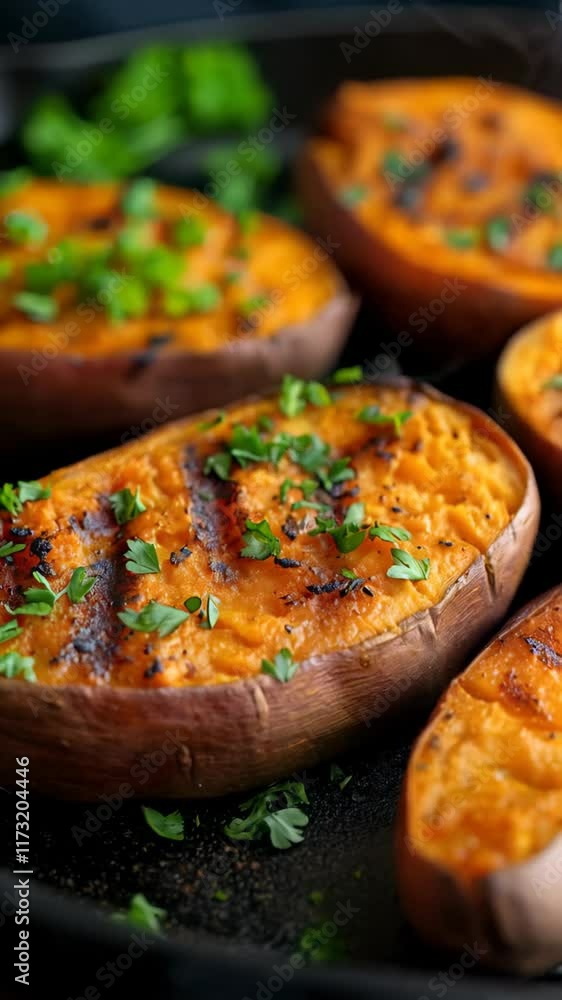 Grilled sweet potatoes garnished with fresh parsley and vibrant orange tones in a close-up Grilled sweet potatoes garnished with fresh parsley and vibrant orange tones in a close-up