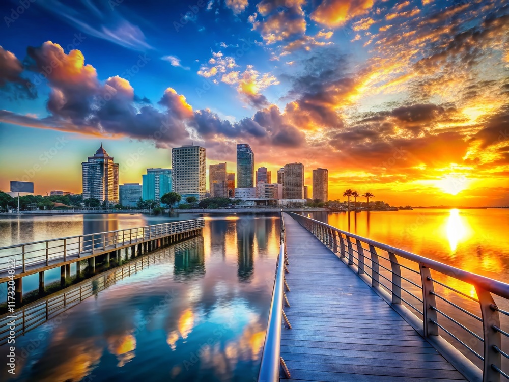 Fototapeta premium Downtown St. Petersburg Florida Pier Walkway Double Exposure Sunrise Stock Photo