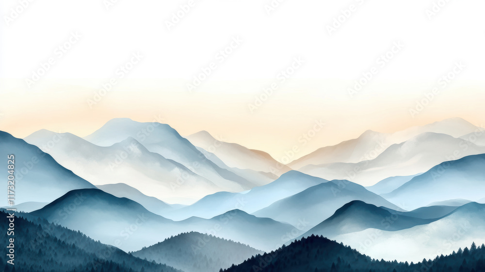 serene mountain landscape with layers of blue and gray peaks fading into horizon, merging with soft gradient of warm light in sky, evoking tranquility and depth serene mountain landscape with layers of blue and gray peaks fading into horizon, merging with soft gradient of warm light in sky, evoking tranquility and depth