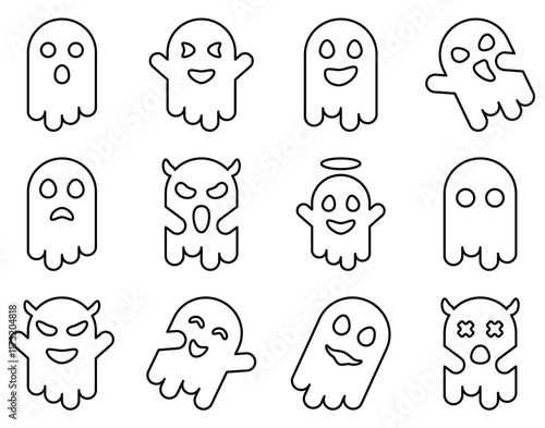 Obraz na plátně Ghost Line Icon Pack – Cute Halloween Spirit, Monster & Spooky Outline Vector Ic