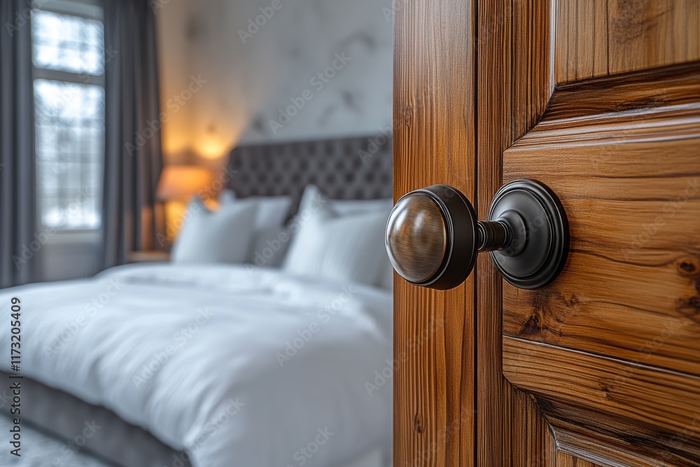 Obraz premium A cozy bedroom with a wooden door and vintage knob, featuring soft bedding and elegant drapes, inviting relaxation and comfort.