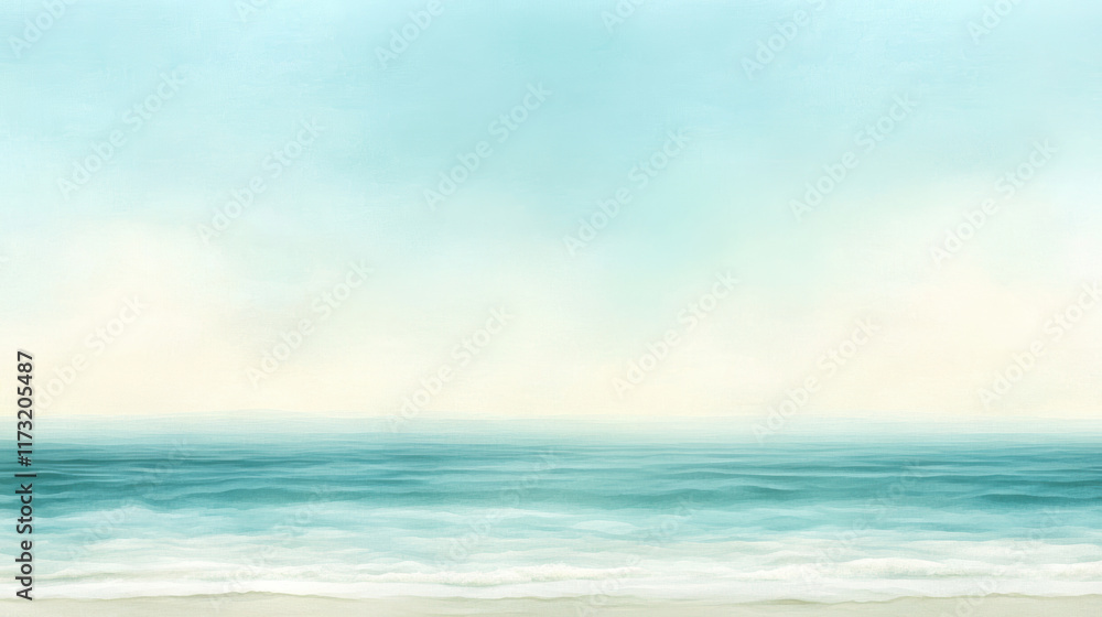 Fototapeta premium serene ocean view with soft aqua tones blending into misty horizon, evoking calm and tranquility. Gentle waves meet sandy shore under hazy, light filled sky