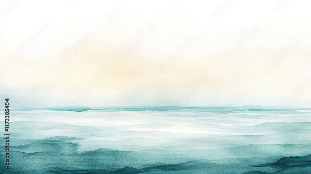 Obraz premium serene watercolor illustration of ocean with soft aqua tones blending into foggy horizon, evoking calm and tranquility