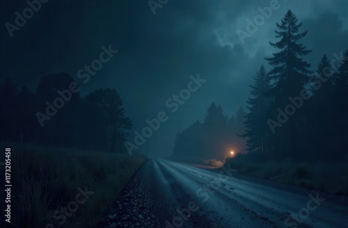 A secluded dirt road winding through a fogcovered forest at night photo