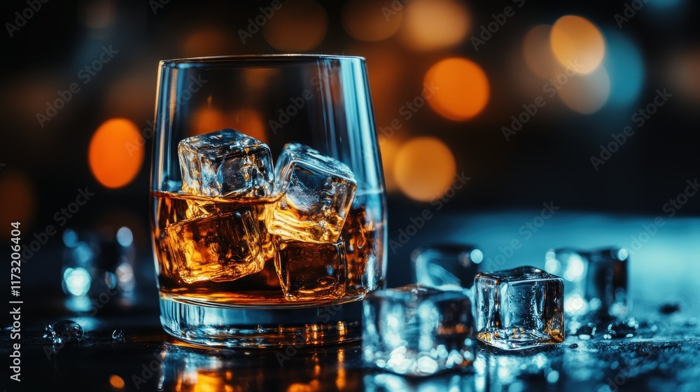 A glass of whiskey with ice cubes on a dark surface with a blurred background. A glass of whiskey with ice cubes on a dark surface with a blurred background.