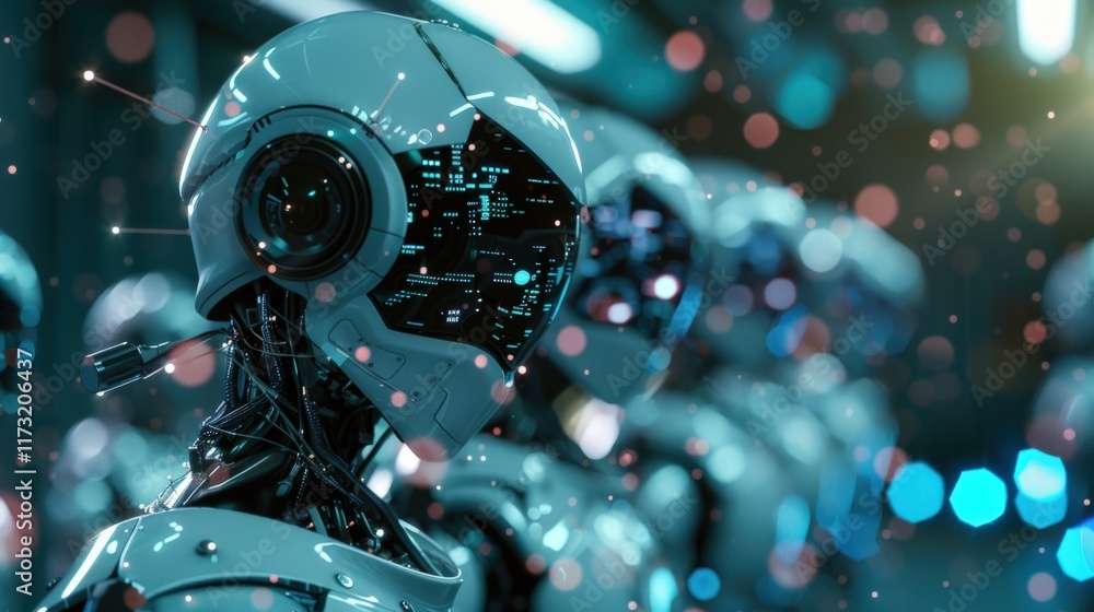 Futuristic robots with glowing digital displays stand in a row, illuminated by bokeh lights. Futuristic robots with glowing digital displays stand in a row, illuminated by bokeh lights.