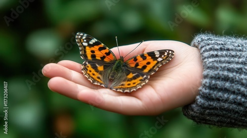 Butterfly resting on a child s hand, its delicate wings unmoving in serene trust, patience, endurance, grace photo