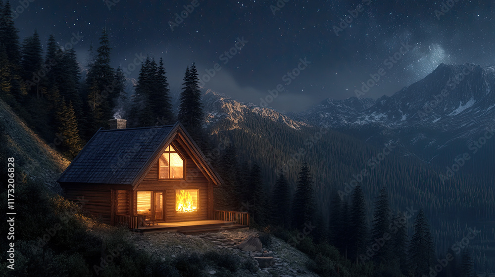 Cozy Mountain Cabin Under Starry Night Sky with Warm Glow Cozy Mountain Cabin Under Starry Night Sky with Warm Glow