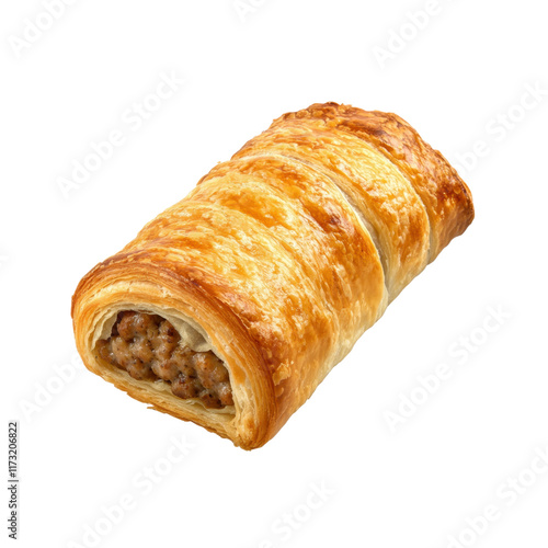Sausage roll pastry, featuring a golden baked roll with sausage filling, isolated on transparent background, png.