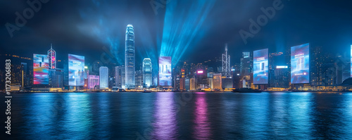 Vibrant Hong Kong skyline at night, illuminated. photo