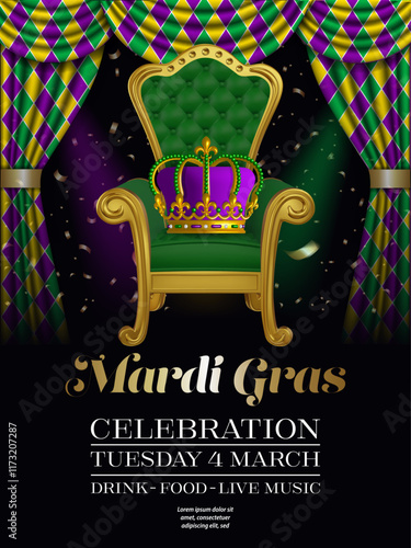 mardi gras poster with throne and crown. mardi gras flyer with curtain