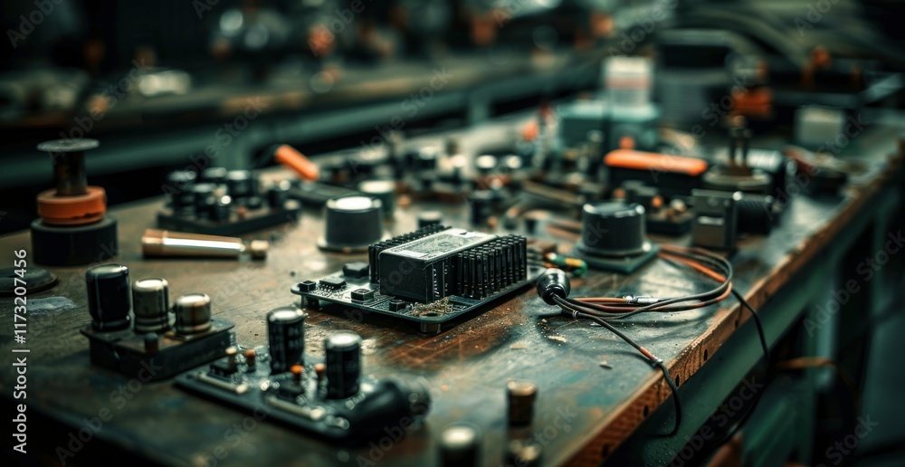 A close-up shot of electronic components on a workshop table, revealing a cluttered workspace with various electronic parts, wires, and tools. A close-up shot of electronic components on a workshop table, revealing a cluttered workspace with various electronic parts, wires, and tools.