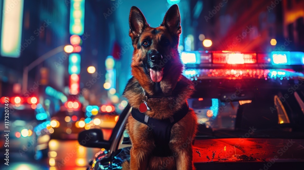German Shepherd police dog sits on a police car at night in the city. German Shepherd police dog sits on a police car at night in the city.