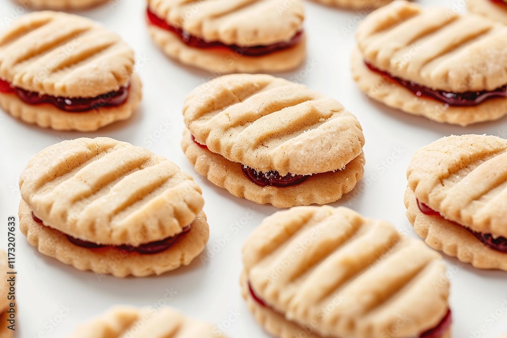 Sweet treat! Close-up of several delectable jam-filled sandwich cookies, arranged on a white surface. The cookies are light brown, with a slightly textured top, and filled with a vibrant red jam. Sweet treat! Close-up of several delectable jam-filled sandwich cookies, arranged on a white surface. The cookies are light brown, with a slightly textured top, and filled with a vibrant red jam.