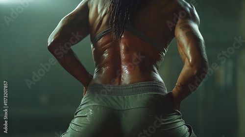 Sweaty female athlete's back and shoulders after intense workout.
