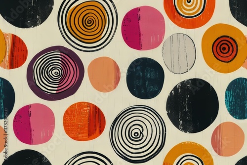 Colorful circular patterns create vibrant visual interest on a textured background