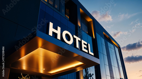 Modern hotel facade with stylish lighting, catering to business professionals and travelers booking accommodations photo