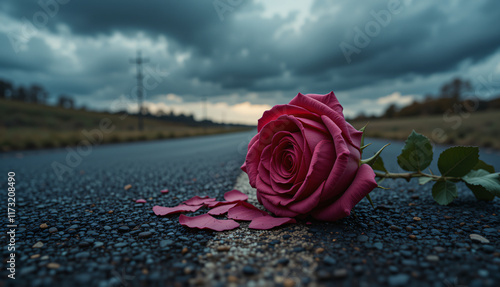 A red rose on a dark asphalt road with scattered petals, under dramatic stormy clouds, symbolizes emotional turmoil, sadness, lost love, and heartbreak photo