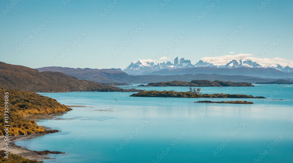 Naklejka premium Stunning view of tranquil waters and distant mountains in southern Patagonia during bright daylight