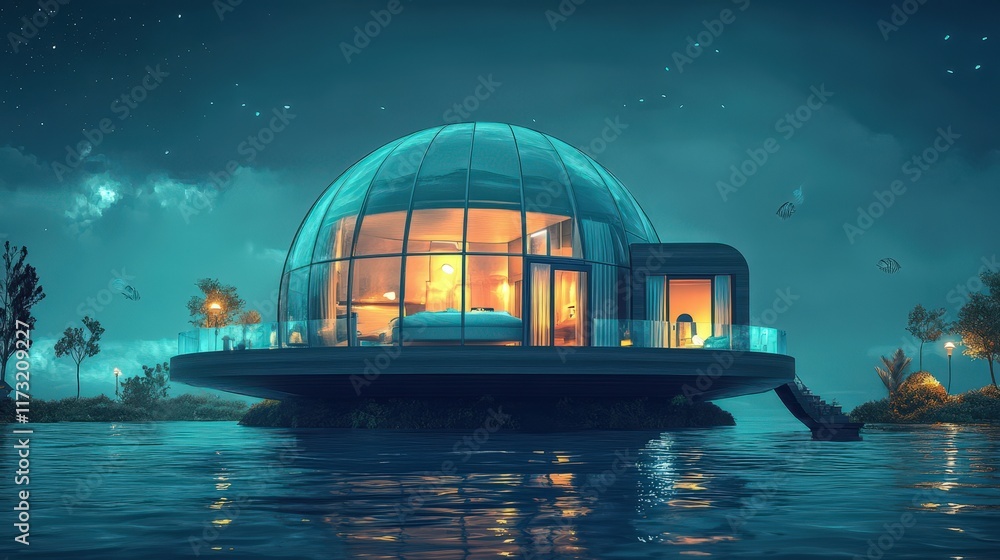 Fototapeta premium Futuristic Dome Home Floating Serenely On Water At Night