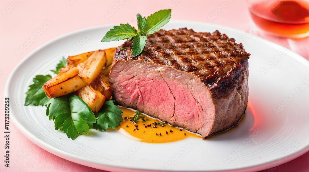 Perfectly cooked beef steak served with seasoned potatoes and sauce on a pink background Perfectly cooked beef steak served with seasoned potatoes and sauce on a pink background
