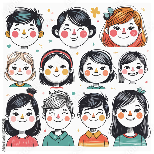 Doodle Set of Kids Face Characters