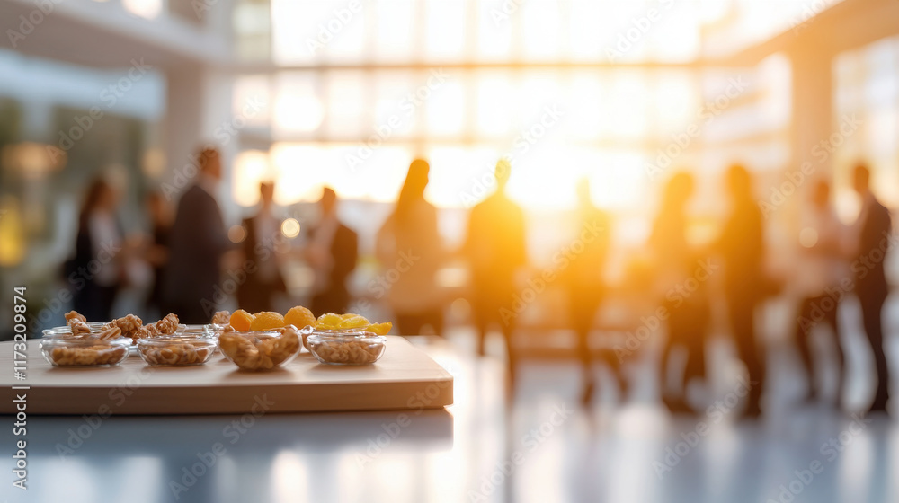 business event with snacks and blurred background of people socializing business event with snacks and blurred background of people socializing