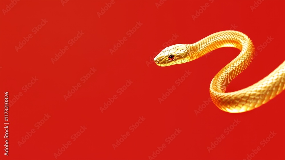 Golden snake coiled on vibrant red background with intense gaze Golden snake coiled on vibrant red background with intense gaze