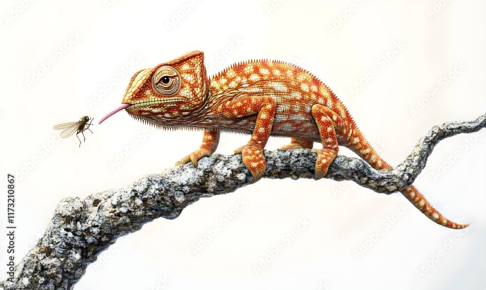 Naklejka premium Orange chameleon on branch, tongue reaching for a fly.