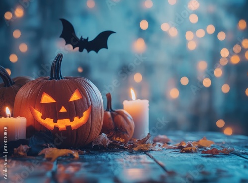 Halloween pumpkins with candles and bats in the background. Halloween concept, Halloweencore, holiday lights, fall time, autumn mood. Space for text photo