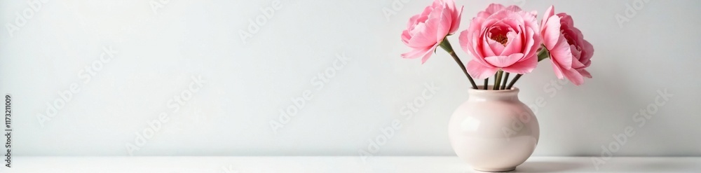 Obraz premium Delicate ceramic vase filled with soft pink flowers against a white background, flowers, pink