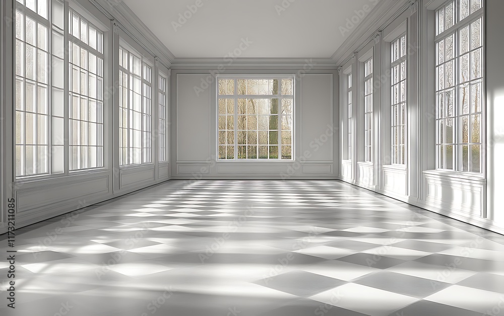 Obraz premium Sunlit empty room with checkered floor and large windows.