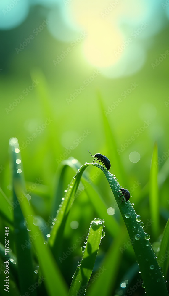 Fototapeta premium Close-up of dew-covered grass blades with sunlight enhancing the sparkle and tiny insects resting on the grass