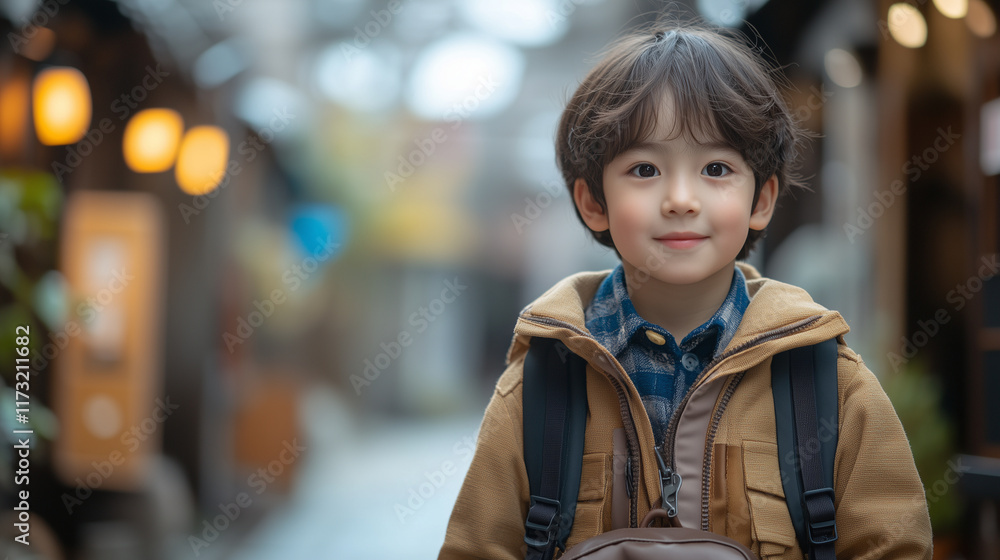 Fototapeta premium A young child with a backpack going to school