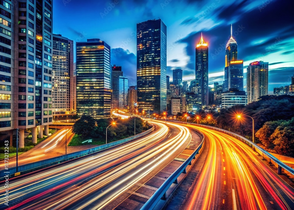 Fototapeta premium Dynamic Cityscape at Night: Motion Blur and Speed, Long Exposure Photography