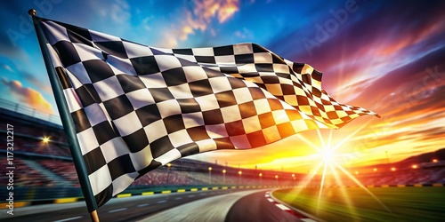 Dynamic Checkered Race Flag in Motion, Macro Photography of Racing Excitement