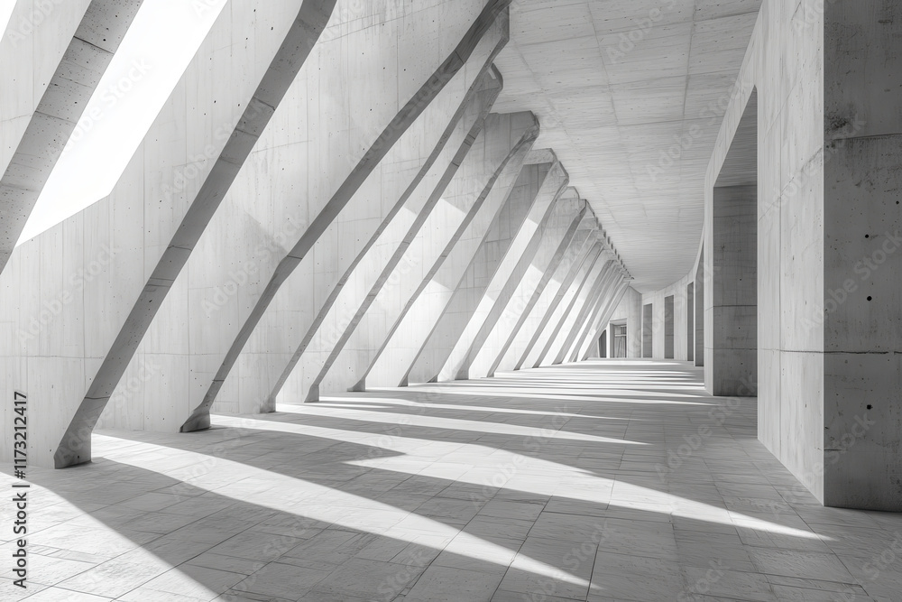 Obraz premium Modern concrete interior with dramatic shadows and angular columns