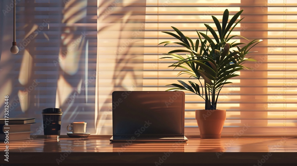 Laptop on a table in the office at sunset. Laptop on a table in the office at sunset.